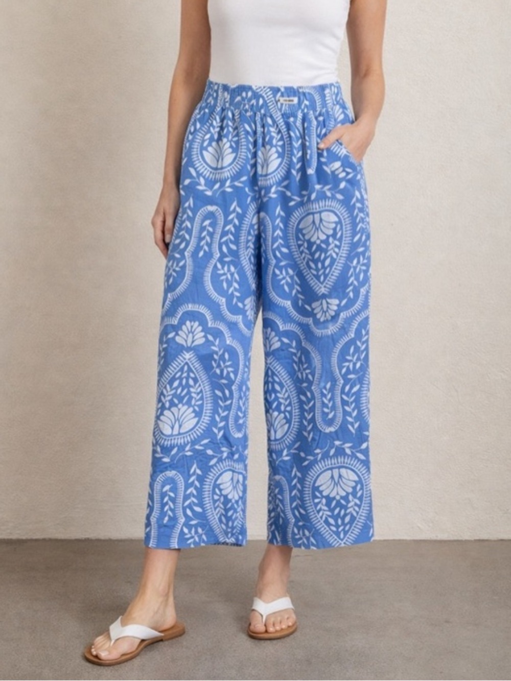 Joie 100% Linen Blue Paisley Wide Leg Pants Size Large